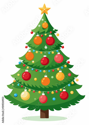 A huge christmas tree decorated with ornamental balls and bokeh lights for christmas celebration on white background 