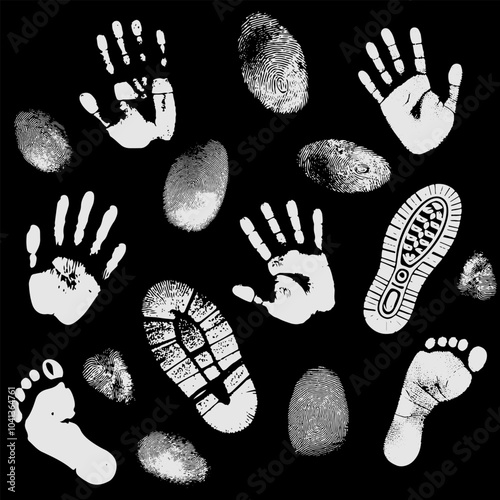 Set of imprint white silhouette. Handprints, footprints, fingerprints. Isolated vector on black background