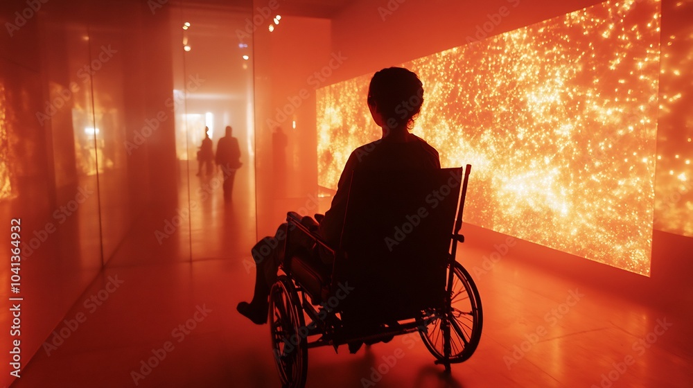 Silhouette of a Person in a Wheelchair Facing a Luminous Wall Silhouette of a Person in a Wheelchair Facing a Luminous Wall