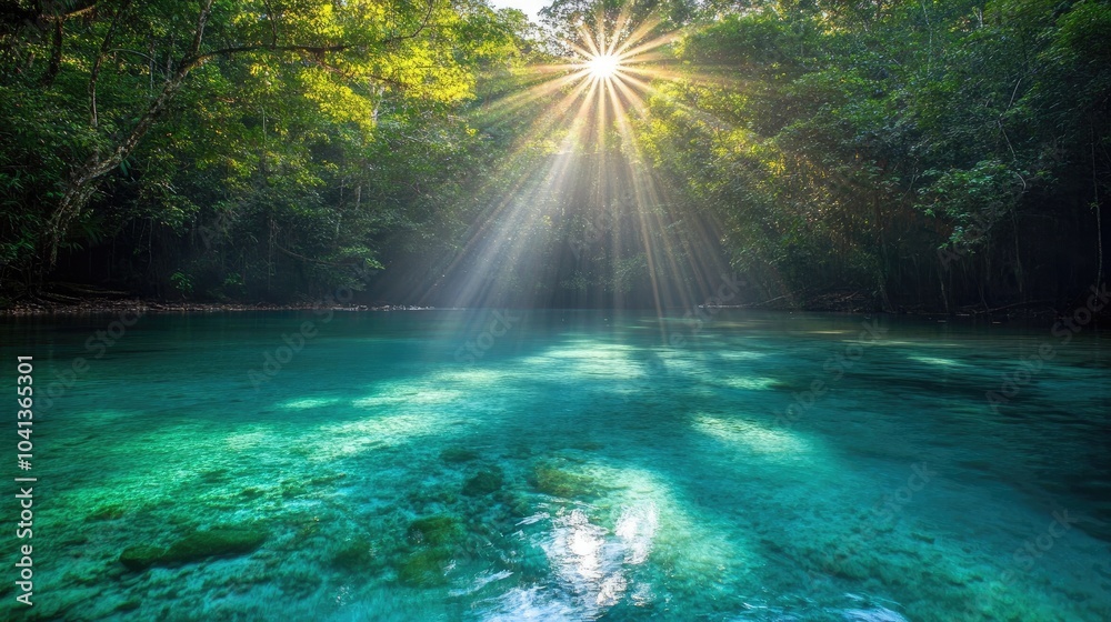Serene Forest Lake with Sunbeams and Clear Water Serene Forest Lake with Sunbeams and Clear Water