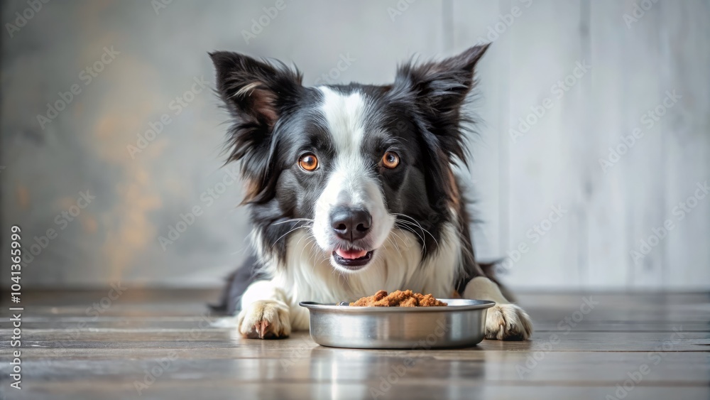 Fototapeta premium Minimalist Border Collie Enjoying Dry Food in a Bowl – Pet Photography, Dog Eating, Minimalist Style, Border Collie, Dry Dog Food, Canine Nutrition, Simple Background, Pet Care, Animal Behavior