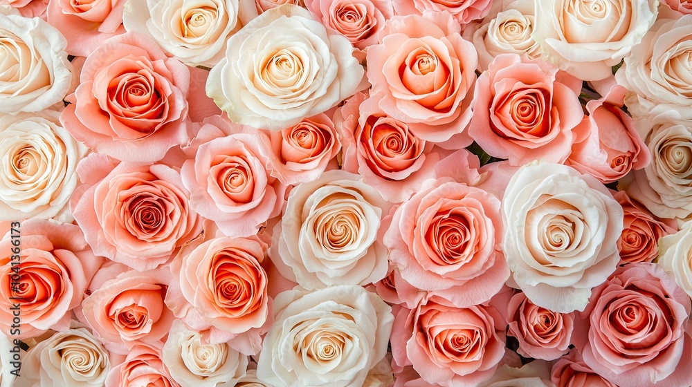 A vibrant array of fresh roses in shades of pink and cream, beautifully arranged to create an enchanting floral display. A vibrant array of fresh roses in shades of pink and cream, beautifully arranged to create an enchanting floral display.