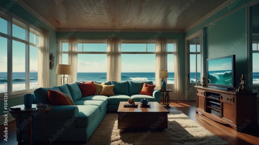 Naklejka premium A modern living room with large windows overlooking the ocean.