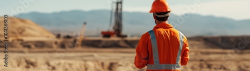 Construction worker in safety gear overseeing machinery at a job site, distant mountains in the background.