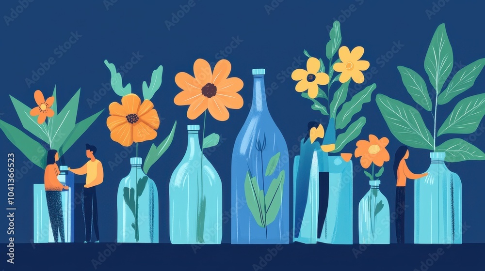 Vibrant Scene of People with Plants and Bottles