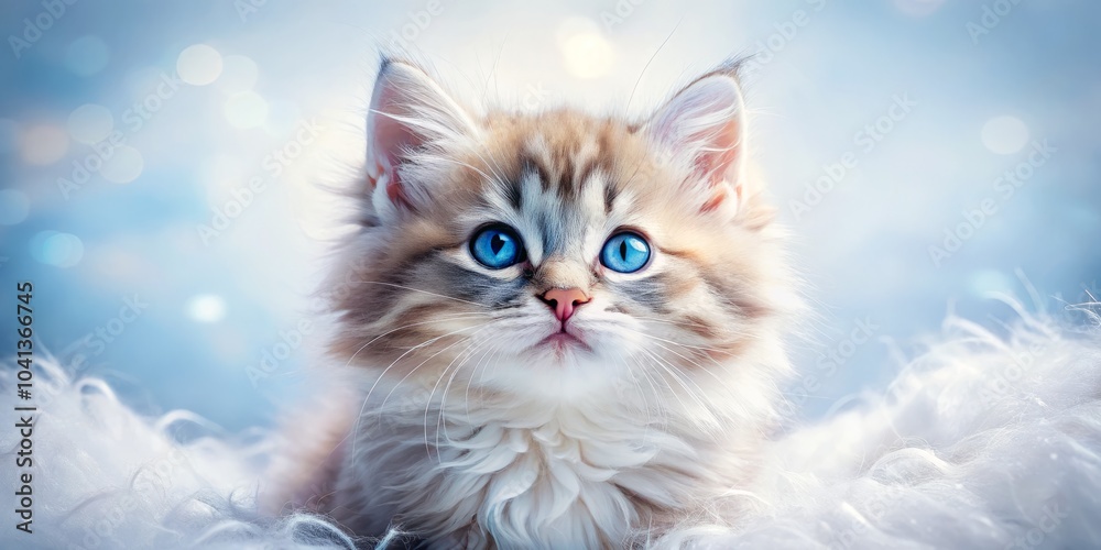 Fototapeta premium Adorable Fluffy Kitten with Bright Blue Eyes, Cute Pet Portrait for International Cat Day, Cuddly and Playful, Fluffy Fur, Blue-Eyed Kitten, Cat Lovers Delight