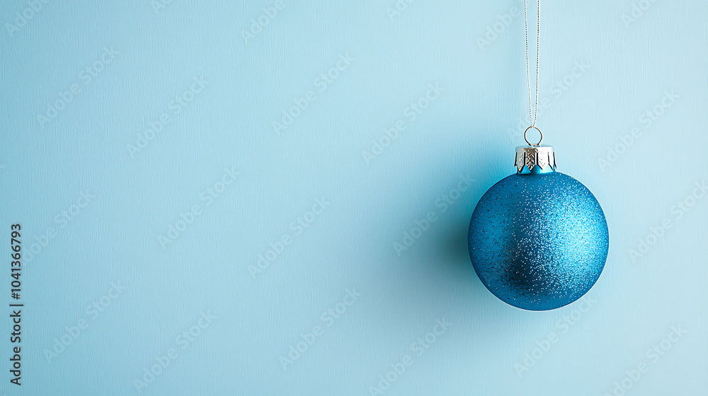 A simple, elegant blue Christmas ornament hanging from a silver string against a soft, pale background. The minimalist composition highlights the festive spirit A simple, elegant blue Christmas ornament hanging from a silver string against a soft, pale background. The minimalist composition highlights the festive spirit