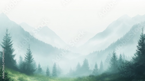 Misty Mountain Landscape with Evergreen Trees