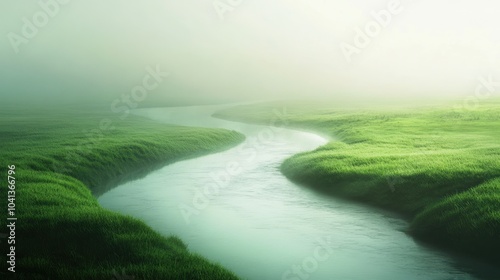 Serene Misty River in Lush Green Landscape