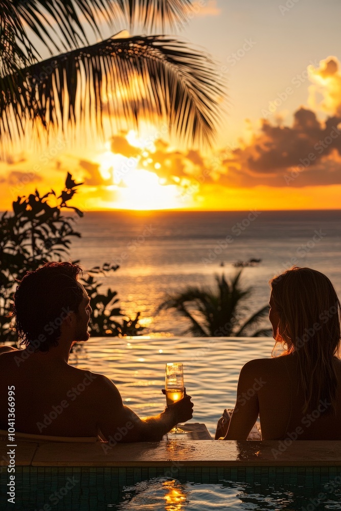 A couple relaxing in a tropical resort, lounging by a pool with palm trees and the ocean in the background, sipping drinks and enjoying the sunset A couple relaxing in a tropical resort, lounging by a pool with palm trees and the ocean in the background, sipping drinks and enjoying the sunset