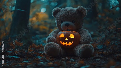 A plush teddy bear sitting in a dark, moody forest, holding a glowing pumpkin. The dim lighting and Halloween theme