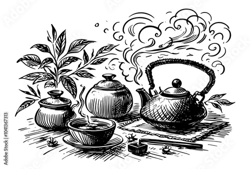 elegant japanese tea set, line art sketch style, black vector