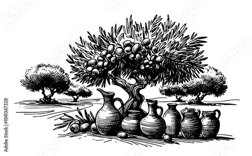 olive tree plantation in rural landscape black line art illustration