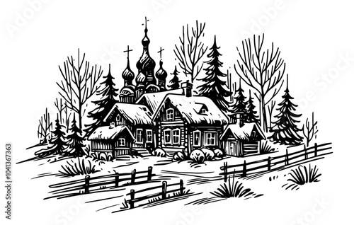 cozy vector art depicting a winter church surrounded by holiday decorations black vector