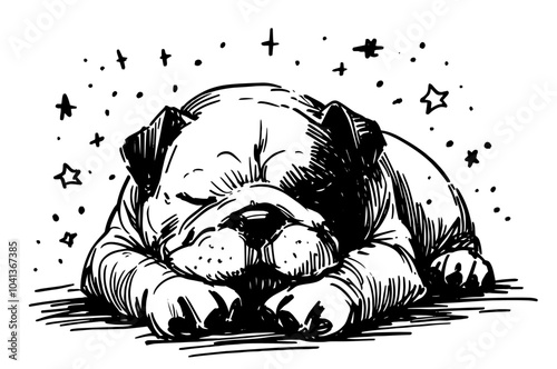 charming line art sketch of a sleeping bulldog, capturing its adorable features and relaxed pose black vector