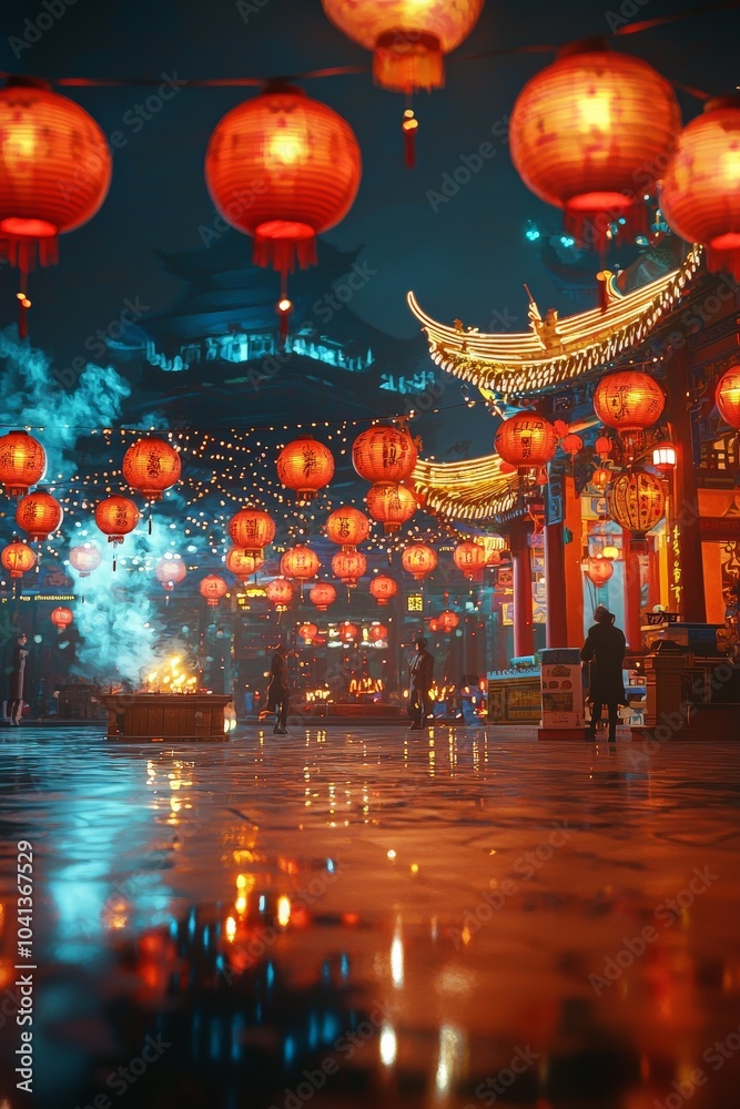 Fototapeta premium A beautiful temple at night during Chinese New Year, illuminated by hundreds of red lanterns,