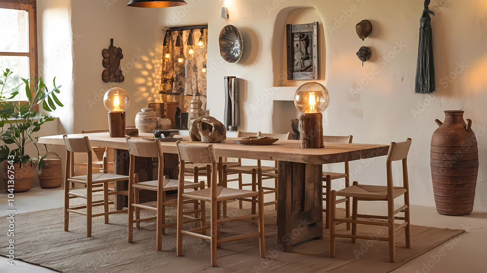 A spacious dining room featuring a wooden table surrounded by chairs, decorative vases, unique lighting, and earthy decor elements, creating a warm, inviting atmosphere. A spacious dining room featuring a wooden table surrounded by chairs, decorative vases, unique lighting, and earthy decor elements, creating a warm, inviting atmosphere.