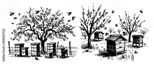 intricate hand-drawn depiction of bees hovering over hives in a vibrant natural setting black vector