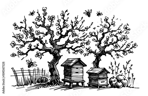 picturesque illustration of hives with bees on a colorful landscape background black vector