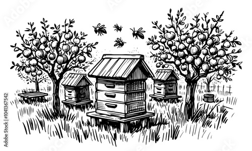 enchanting drawing of a serene landscape with bees and beehives in the foreground black vector