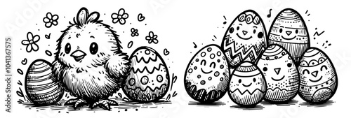 hand-drawn easter scene with eggs, chick, and basket line art black vector