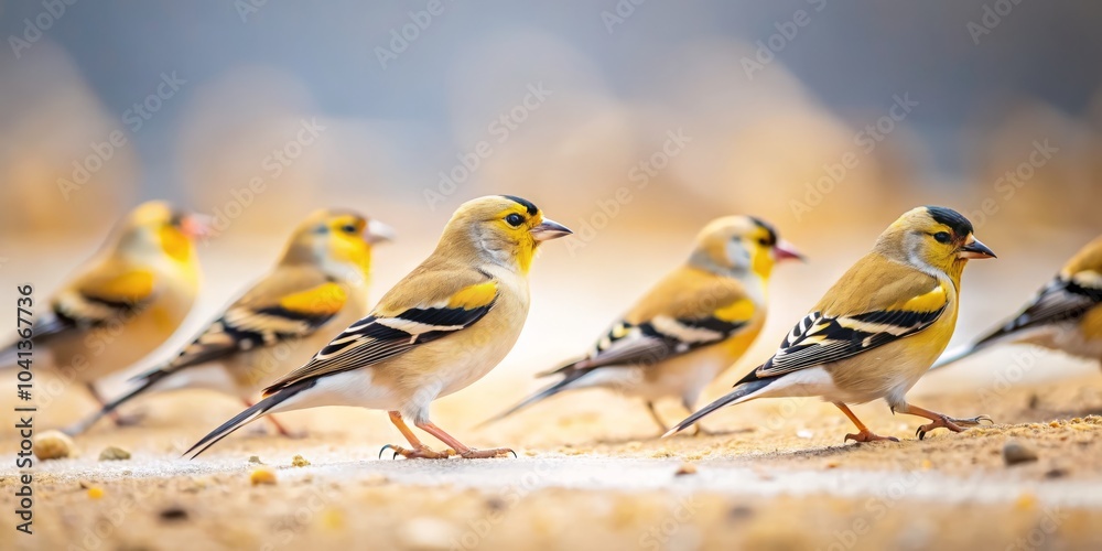 Fototapeta premium Minimalist Photography of Multiple Goldfinches foraging in Sand, Nature's Beauty, Tranquil Scene, Birdwatching, Serene Landscape, Wildlife, Natural Habitat, Elegant Composition