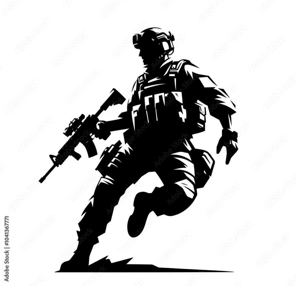 Fototapeta premium dynamic sketch of a soldier in uniform, capturing the essence of bravery and discipline through detailed equipment black vector