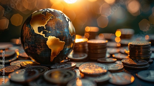 A globe surrounded by stacks of coins representing money and wealth concepts background, Global Finance Theme, Globe resting on coins 