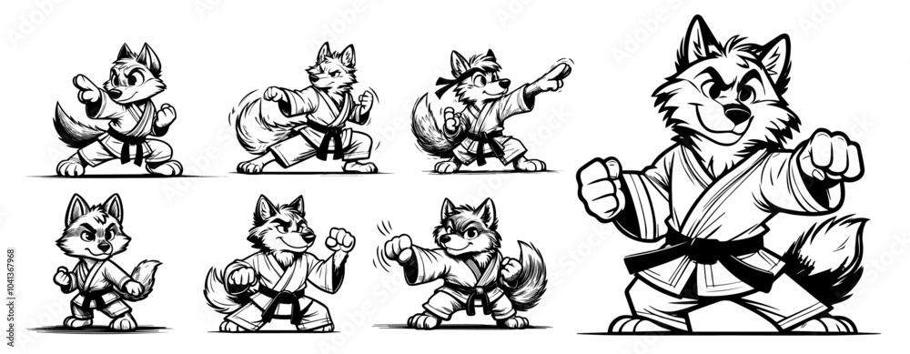 Fototapeta premium set of animals in karate outfits for coloring cartoon style black vector