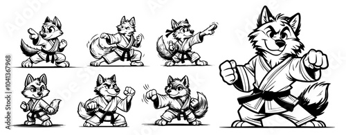 set of animals in karate outfits for coloring cartoon style black vector