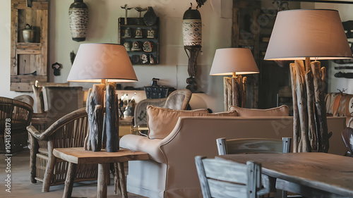 Cozy interior featuring rustic furniture, stylish lamps, and warm lighting, creating a welcoming atmosphere in a tastefully designed living space. Perfect for relaxation and comfort.