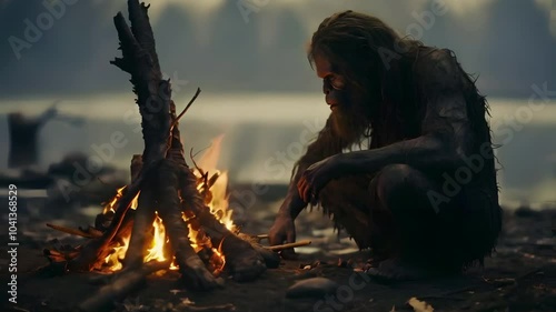 Video recreation of a prehistoric man together a bonfire