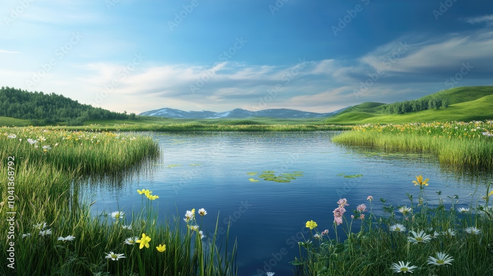 Obraz premium Serene Lake Surrounded by Lush Greenery and Flowers