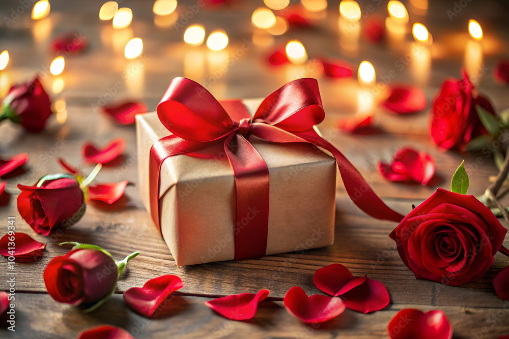 A beautifully wrapped gift box with a red ribbon surrounded by rose petals and illuminated by soft candlelight. A beautifully wrapped gift box with a red ribbon surrounded by rose petals and illuminated by soft candlelight.