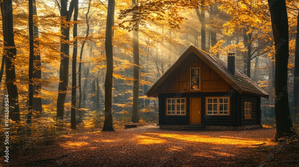 Cozy Cabin in Autumn Forest with Warm Light