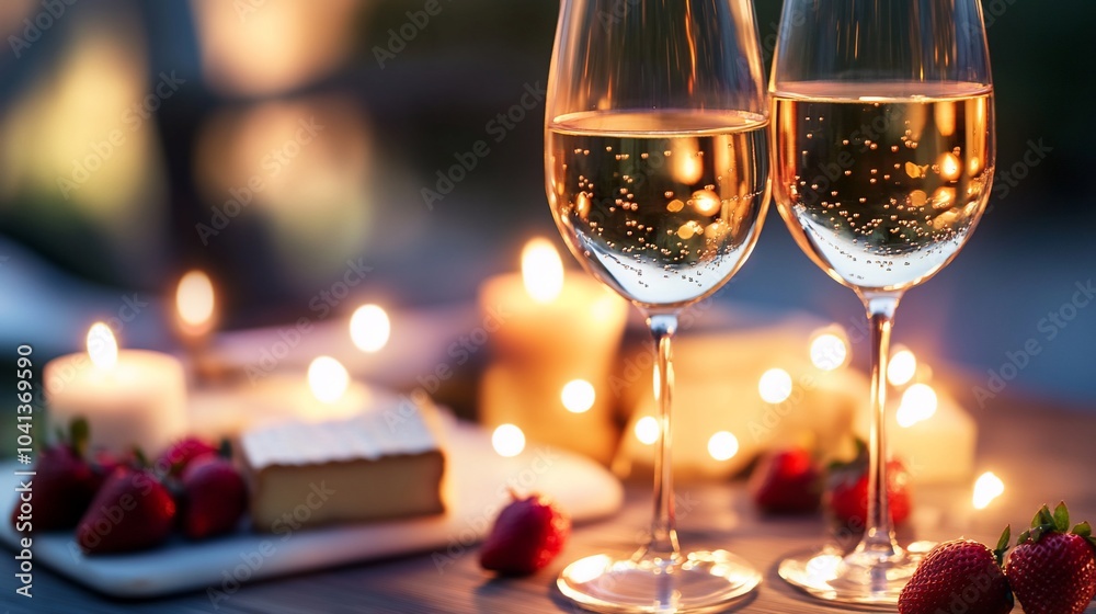 Two glasses of white wine with candles and strawberries on a table. Two glasses of white wine with candles and strawberries on a table.