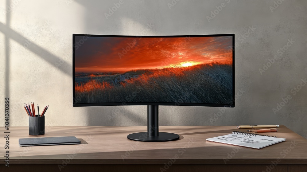 A curved monitor displaying a sunset over a field of grass on a wooden desk with a notebook, pencil holder, and pencils.