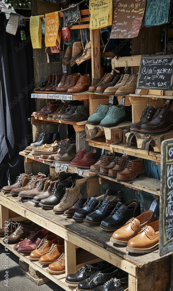 Rows of used shoes on wooden shelves. Rows of used shoes on wooden shelves.
