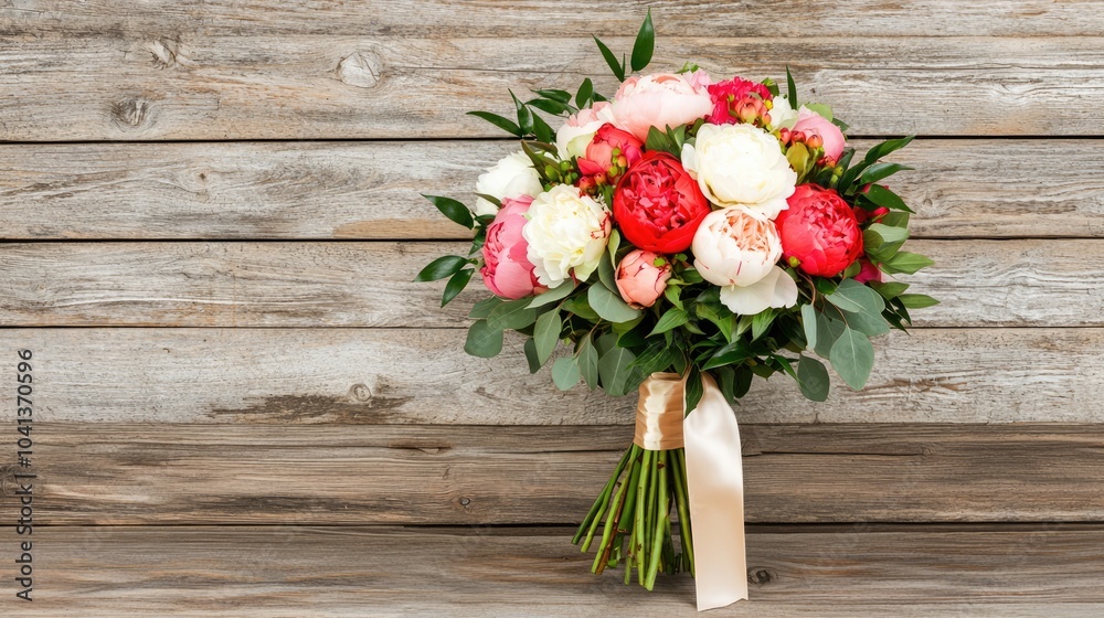 A vibrant bouquet of pink, white, and red flowers with lush greenery, beautifully arranged and tied with a ribbon, set against a rustic wooden background. A vibrant bouquet of pink, white, and red flowers with lush greenery, beautifully arranged and tied with a ribbon, set against a rustic wooden background.