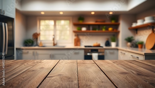 Wood table top on blur kitchen counter background, wallpaper, Empty beautiful wood table top counter and blur bokeh modern kitchen interior background, Wooden table top on blur kitchen counter backgro photo