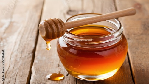 Jar of Honey with Wooden Dipper on Rustic Table