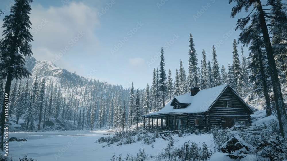 Cozy Cabin in Serene Winter Wilderness View Cozy Cabin in Serene Winter Wilderness View
