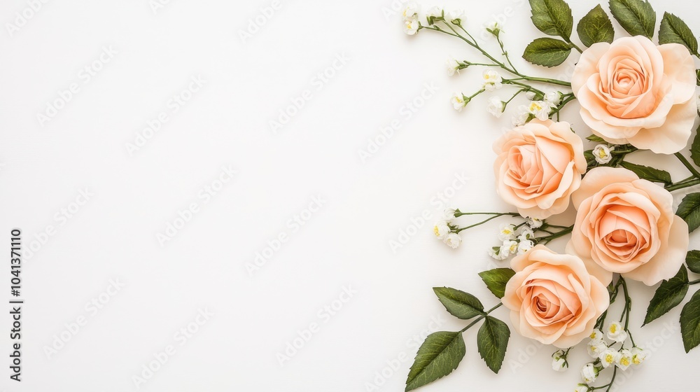 A beautiful arrangement of soft peach roses and delicate greenery set on a clean white background, ideal for floral designs or romantic themes. A beautiful arrangement of soft peach roses and delicate greenery set on a clean white background, ideal for floral designs or romantic themes.
