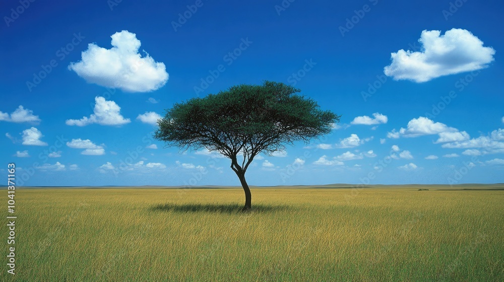 Isolated Tree Under Blue Sky and Fluffy Clouds Isolated Tree Under Blue Sky and Fluffy Clouds
