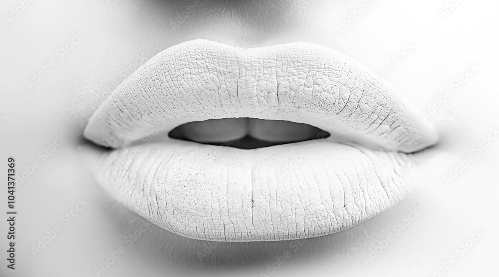 Close-up of white painted cracked lips. Detailed macro shot of lips with cracked white paint texture in a monochrome style