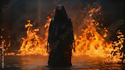 Video recreation of a figure with tunic and black hood resurging of the water surrounded by fire photo