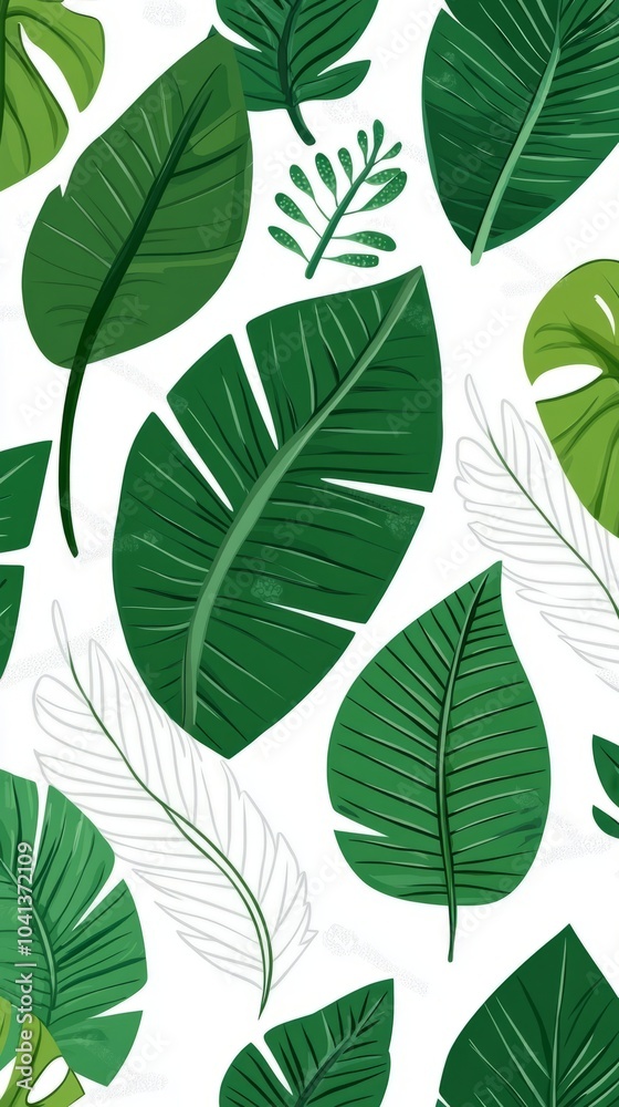 Obraz premium A seamless pattern with green tropical leaves on a white background.