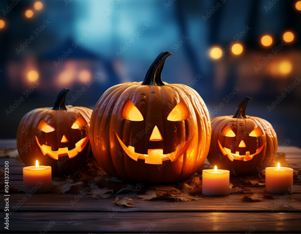 Fototapeta premium Glowing Halloween pumpkins on a rustic wooden table under an eerie night sky, ideal for custom text or designs.