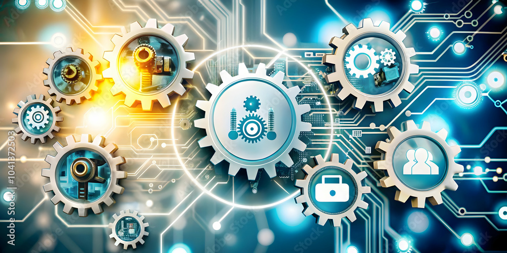 AI Assisted Manufacturing Icons Plain Background Concept - Fusion of Technology and Production with Gears, Circuits, Robotic Symbols - Ample Copy Space for Customization in Photo Stock AI Assisted Manufacturing Icons Plain Background Concept - Fusion of Technology and Production with Gears, Circuits, Robotic Symbols - Ample Copy Space for Customization in Photo Stock