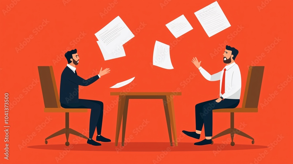 Two men throw papers during a discussion at a table, set against a vibrant orange background, suggesting conflict or disagreement. Two men throw papers during a discussion at a table, set against a vibrant orange background, suggesting conflict or disagreement.
